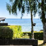 Meerblick mit Bäumen und Hecke im Vordergrund