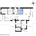 Übersichtsplan einer Wohnung mit mehreren Räumen und Terrassen.