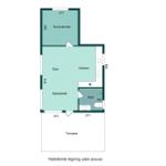 Wohnung mit Schlafzimmer, Küche, Bad und Terrasse. Flur und Essbereich integriert.
