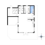 Wohnung mit Küche, Bad und Schlafbereich. 