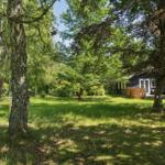Holzhaus im Wald mit Grasfläche und Bäumen.