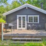 Ein dunkelgrauer Holzhaus mit weißem Dach und Terrasse mit Gartenmöbeln.