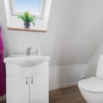 Badezimmer mit Waschbecken, Toilette und Dachfenster mit Pflanze.