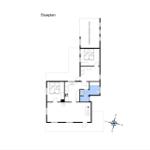 Stueplan zeigt zwei Schlafzimmer, Küche, Bad und überdachte Terrasse.
