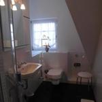 Badezimmer mit Dusche, Waschbecken, WC und Fenster