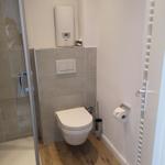 Toilette mit Duschabtrennung und Heizkörper an der Wand.