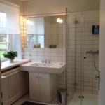 Badezimmer mit Dusche, Waschbecken und Fenster.