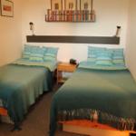 Zwei Einzelbetten mit grünen Decken und Kissen. Holzkommode und Wandregal mit Büchern.