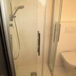 Dusche mit Duschbrause und WC in weißer Fliesenwand