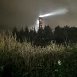 Roter Leuchtturm mit Lichtstrahl bei Nacht hinter Bäumen