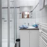 Badezimmer mit Dusche, Waschbecken und Heizung.