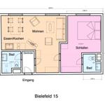 Wohnung mit Schlafzimmer, Küche und zwei Bädern. Flur mit Garderobe.