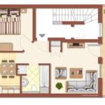 Wohnung mit Schlafzimmer, Wohnbereich, Küche und Bad. Außenterrasse mit Tisch und Stühlen.