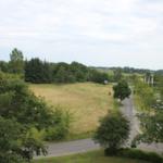 Weitläufiger Blick auf Grünfläche, Bäume und Straße mit Fahrradweg.