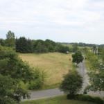 Weitläufiger Blick auf Feld und Straße mit Bäumen und Fahnen.