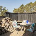 Terrasse mit Tisch, Stühlen und Holzstapel. Hintergrund: dunkler Holzzaun und Bäume.