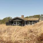 Haus mit Grasdach und Terrasse in trockener Wiese