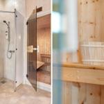 Dusche mit Duschvorhang und Sauna mit Holzbank und Eimer.