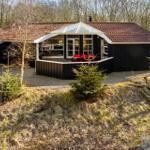 Schwarze Holzhütte mit Terrasse und rotem Dach, umgeben von Bäumen und einem Holzstapel.
