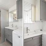 Badezimmer mit Dusche, Waschbecken und Waschmaschine