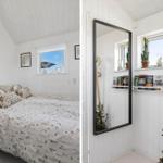 Schlafzimmer mit Bett, Fenstern und Spiegelwand. Hölzerne Stühle und Pflanzen.