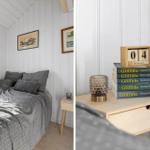 Schlafzimmer mit Bett, Nachttisch und Bücherstapel. Fenster zeigt Außenansicht.