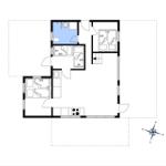 Wohnung mit Küche, Bad, drei Schlafzimmern und Treppe.