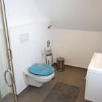 Badezimmer mit Toilette, Dusche und Waschbecken.