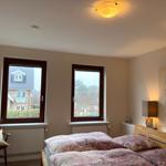 Schlafzimmer mit Doppelbett, zwei Fenstern und Wandbild.