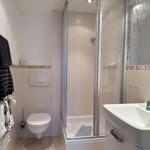 Badezimmer mit Dusche, Waschbecken und Toilette. Handtuchhalter und Spiegel sichtbar.
