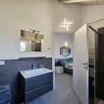 Badezimmer mit Dusche und Waschbecken. Blick in Schlafzimmer mit Bett und Wandbild.
