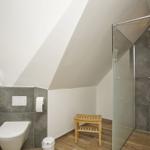 Badezimmer mit Dusche, WC und Holzbank unter Dachschrägen.