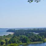 Blick auf Küste, Strand und grüne Landschaft mit Bäumen und Wasser.