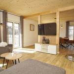 Wohnzimmer mit Holzdecke, Sofa, Fernseher und Kaminofen.
