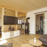 Wohnbereich mit Holzdecke, Kamin und TV. Durchgang zur Küche und Schlafzimmer.