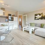 Wohn- und Essbereich mit Küchenzeile und Sofa. Holzboden und helle Wände.