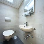 Badezimmer mit Toilette, Waschbecken und Duschmöglichkeit