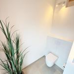 Toilet with plant and lighting on the wall