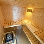 Wood sauna with benches and stone heater.