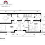 Erdgeschoss-Plan mit Küche, Schlafzimmer, Wohnbereich und Terrasse.