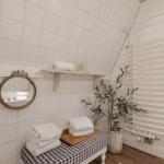 Badezimmer mit Duschbereich, Spiegel, Handtuchständer und Pflanze.