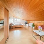 Wohn- und Schlafbereich mit Holzdecke und -boden. Sofa, Couchtisch und Bett sind sichtbar.