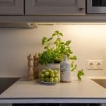 Kitchen countertop with basil, grapes, and kitchen utensils.