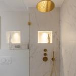 Shower area with gold showerhead and built-in shelves.