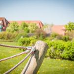 Holzpfosten mit Seil in grünem Garten vor Häusern
