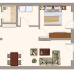 Wohnung mit Schlafzimmer, Bad, Küche und Terrasse mit Tisch und Stühlen.
