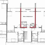 Wohn-Schlafzimmer mit Süd-Balkon, Küche und Bad. Räume klar markiert.