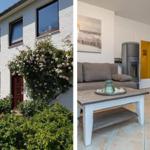 Wohnung mit Wohnzimmer, Kamin und Gartenhaus. Außenansicht mit Blumen und roter Tür.