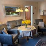 Wohnzimmer mit Sofa, zwei Sesseln, runden Tisch und Blumen.