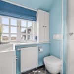 Badezimmer mit blauen Wänden, Fenster, Waschbecken und Dusche.
